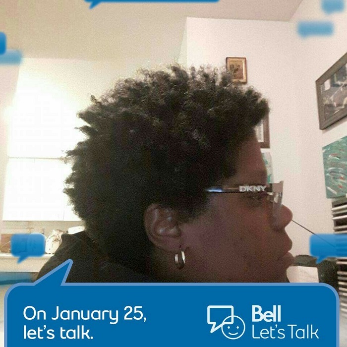 Headshot of Sally Thomas with the Bell Let's Talk Mental Health Initiative photo banner underneath